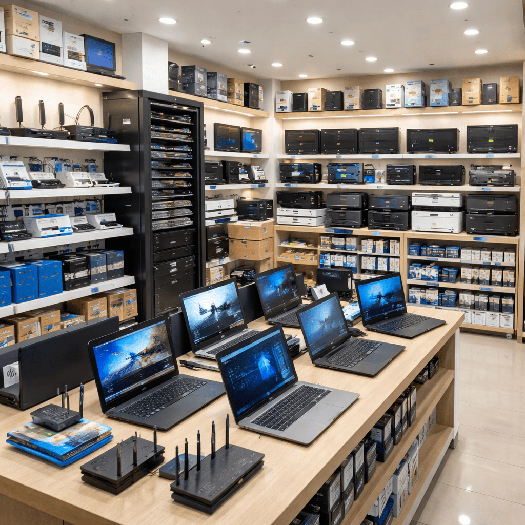 IT hardware products display — laptops, servers and networking equipment at Tech Veda Systems, Secunderabad